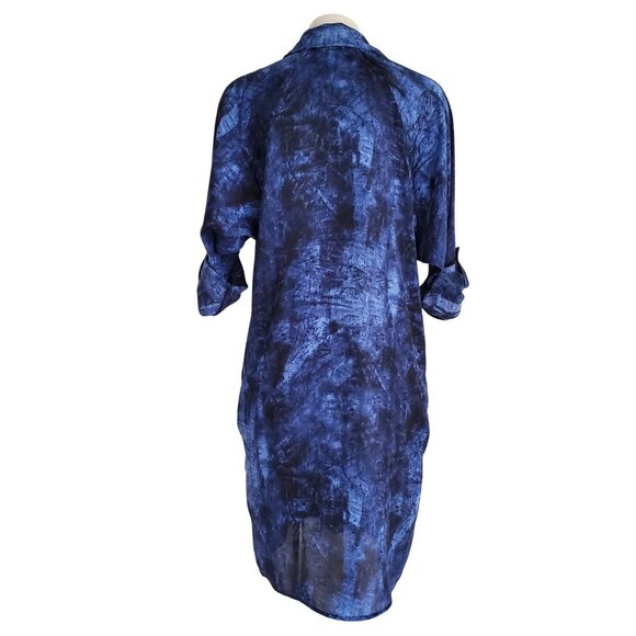MICHAEL KORS Denim Blue Tie Dye Print Shirtdress Tabbed Sleeves Blue & Black S - Picture 4 of 15